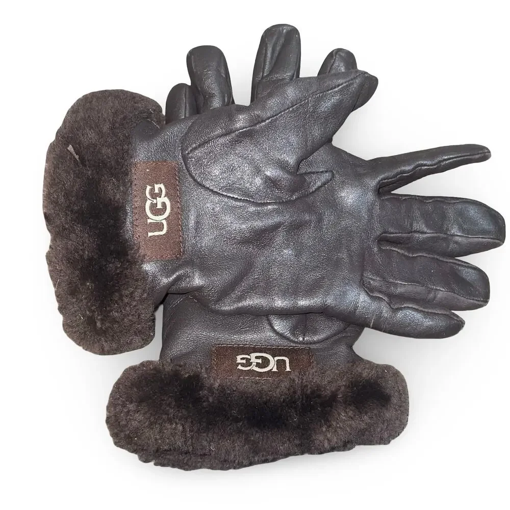 UGG Womens Brown Leather Gloves Size Small S Wool Cashmere Lined Winter Luxury